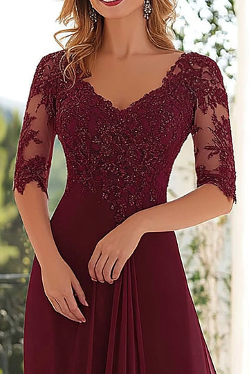 Elégant Bourgogne Une ligne V col mousseline de soie Longue Mère De la Mariée Robe Avec Appliques De Dentelle